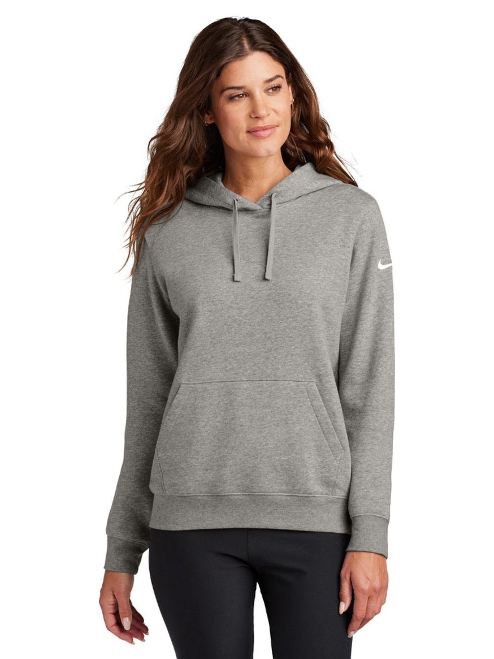 Nike Ladies Club Fleece Sleeve Swoosh Pullover Hoodie - Dark Grey Heath